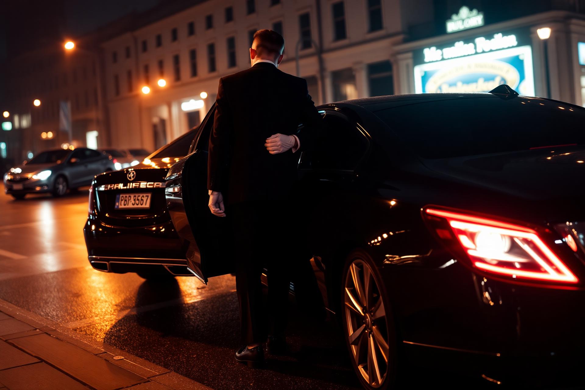 A chauffeur in a black suit opening the rear door of a luxury sedan at night